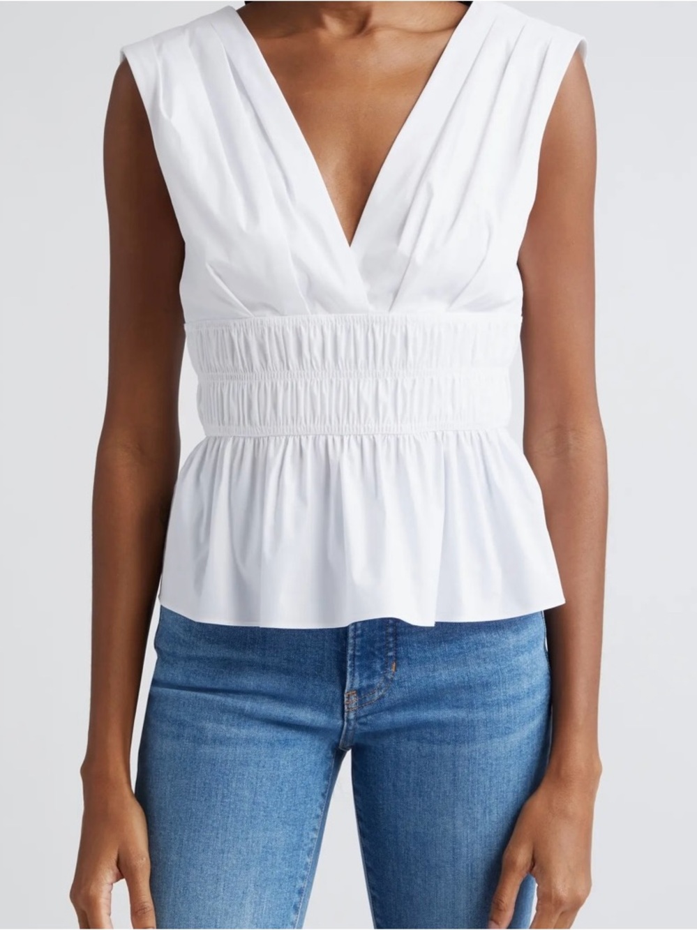 Veronica Beard White V-Neck Smocked Waist Peplum top